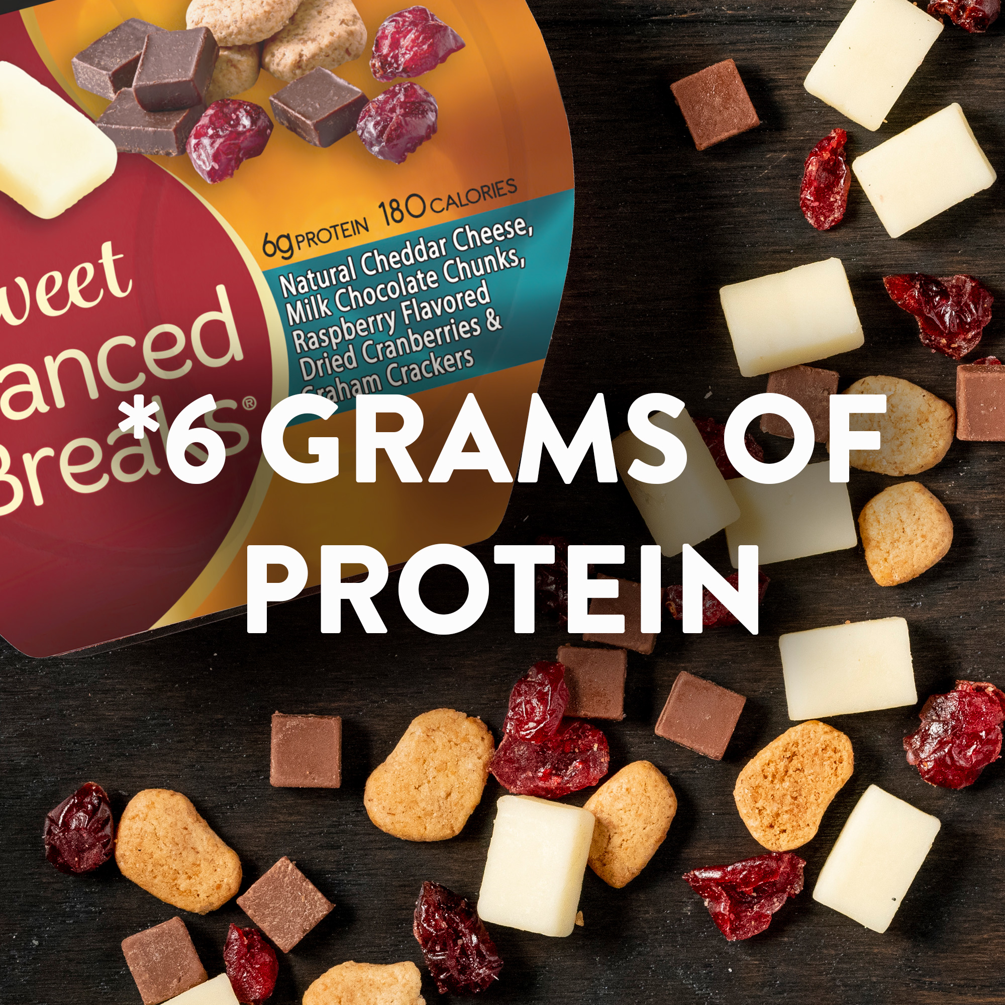 Sweet Balanced Breaks® Natural Cheddar Cheese with Chocolate Chunks, Raspberry Flavored Dried Cranberries and Graham Crackers