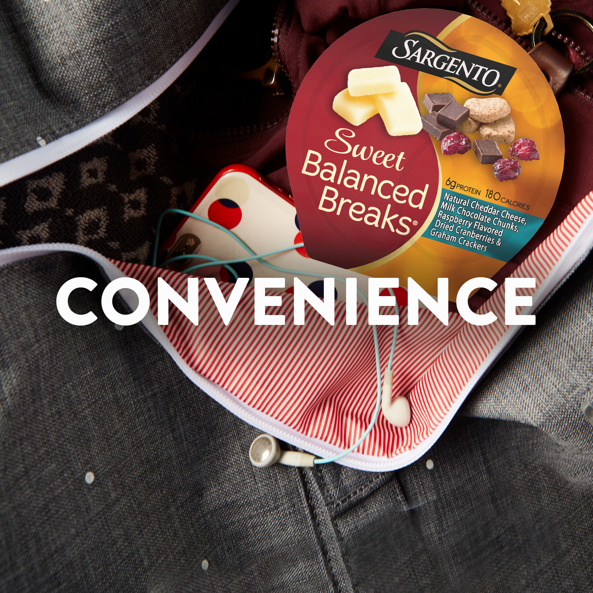 Sweet Balanced Breaks® Natural Cheddar Cheese with Chocolate Chunks, Raspberry Flavored Dried Cranberries and Graham Crackers