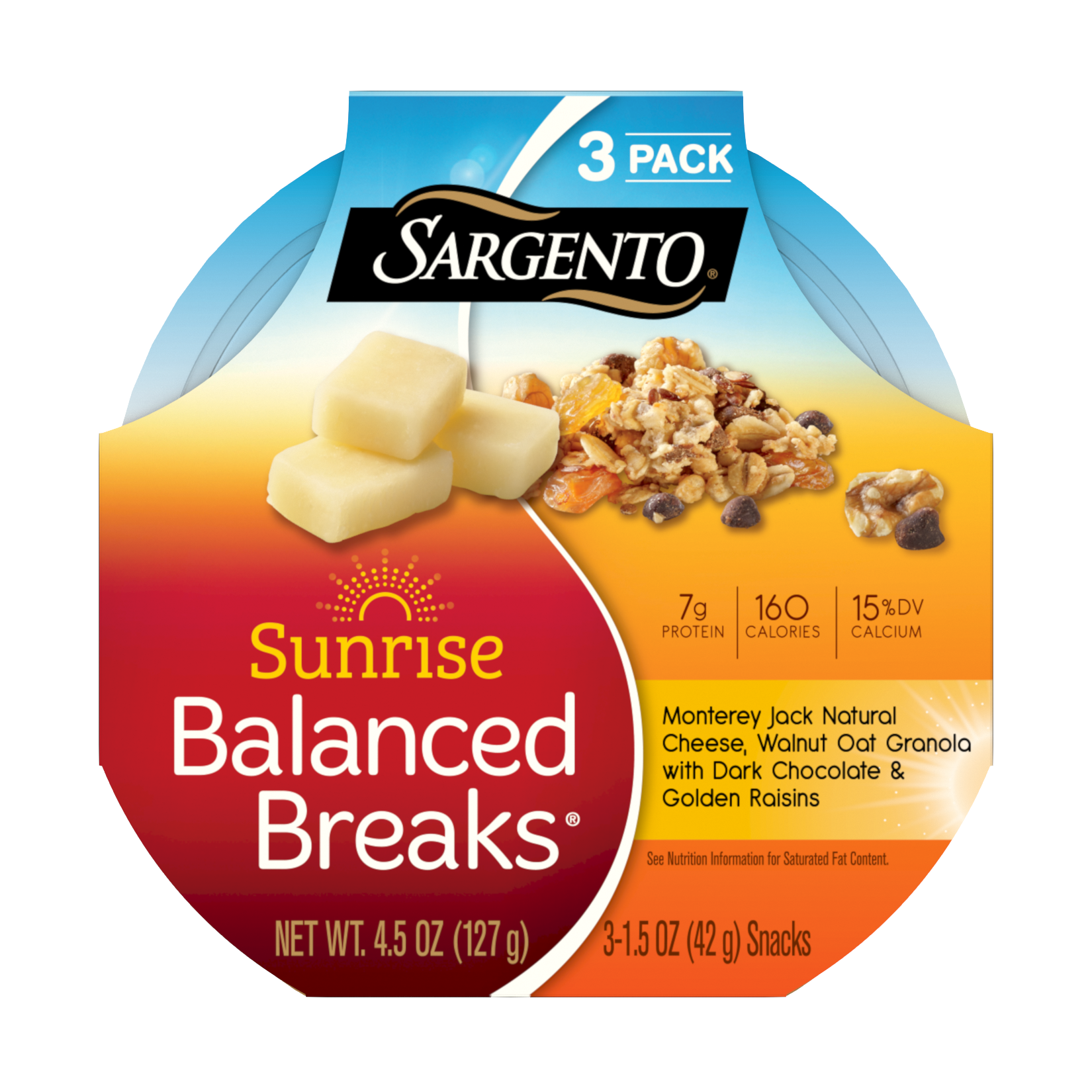 Sargento® Sunrise Balanced Breaks® Monterey Jack Natural Cheese, Walnut Oat Granola with Dark Chocolate, and Golden Raisins