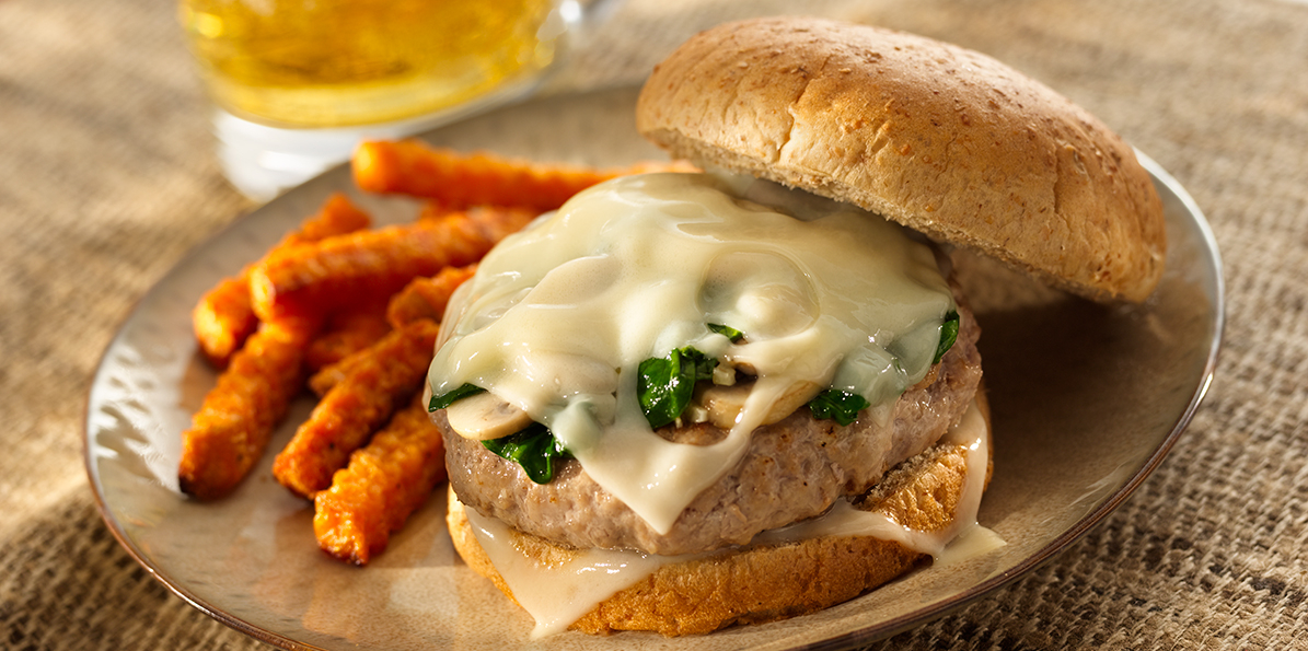 Grilled Swiss Turkey Burgers with Sautéed Spinach