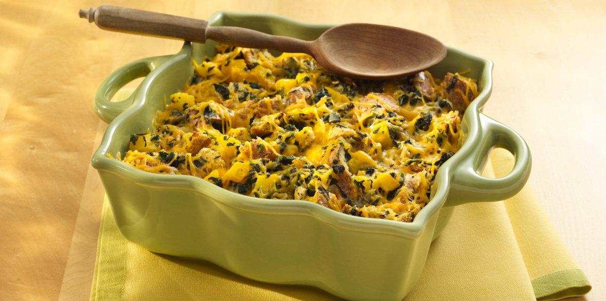 Cheesy Squash and Spinach Bread Pudding