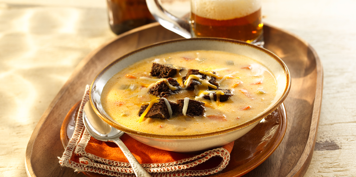 Minnesota-Style Beer Cheese Soup with Rye Croutons