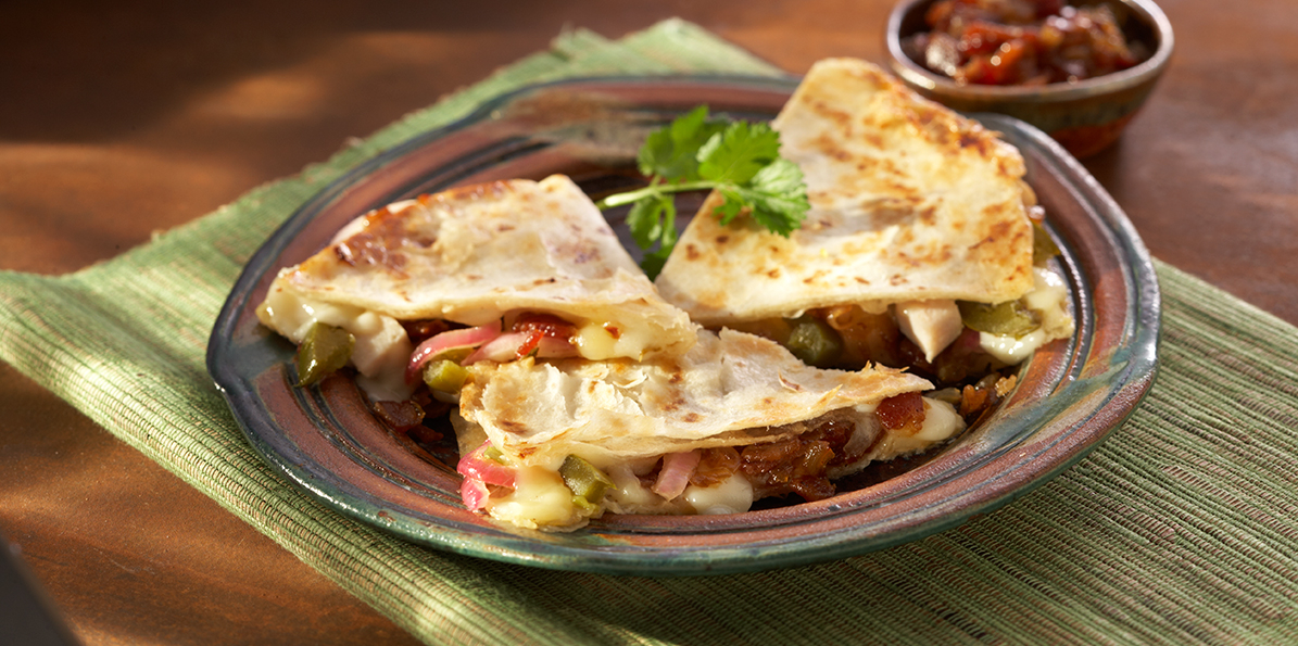 Smoked Chicken Quesadillas  with Bacon Jam