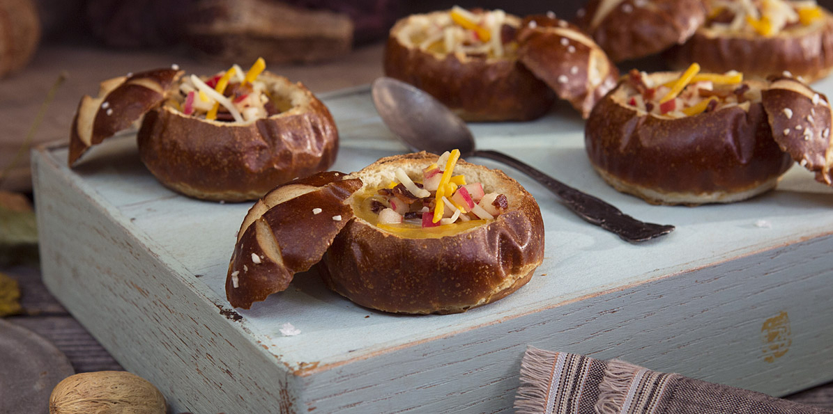 Cheddar & Butternut Squash Soup with Apple & Bacon