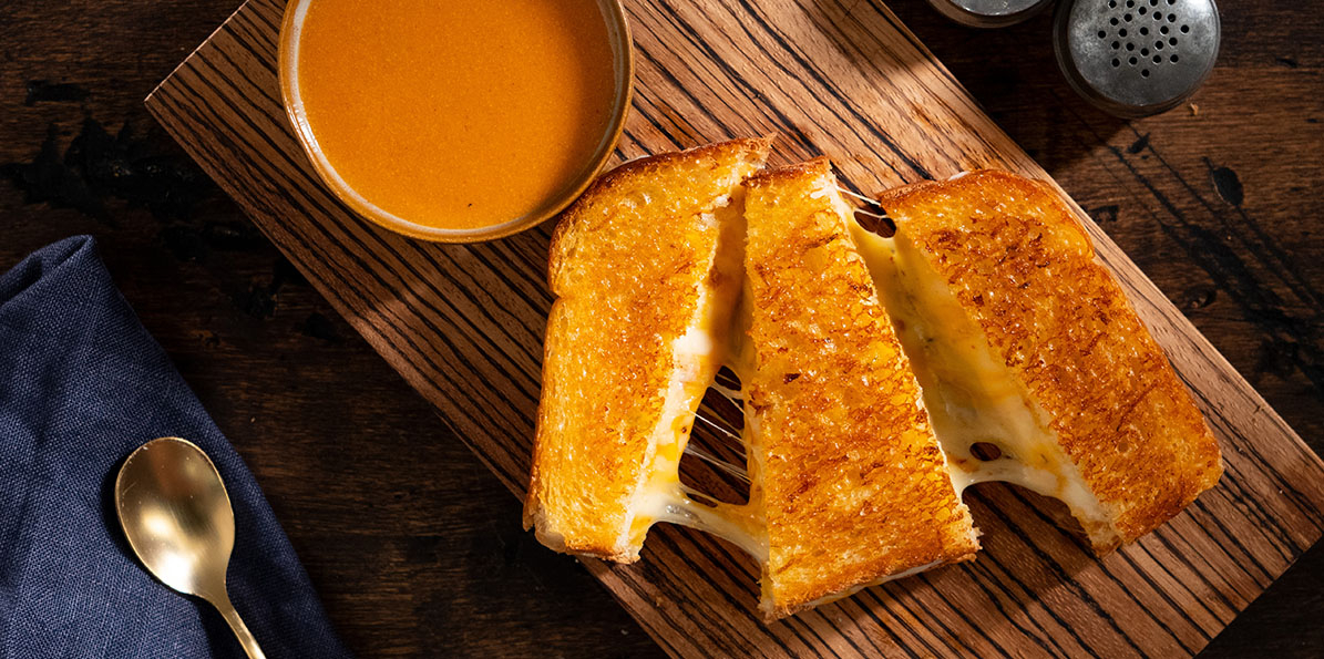 Kicked Up Grilled Cheese with Roasted Quesomato Soup