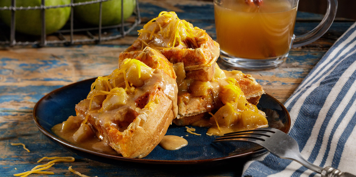 Cheddar Apple Crisp Waffles with Cheddar Apple Compote