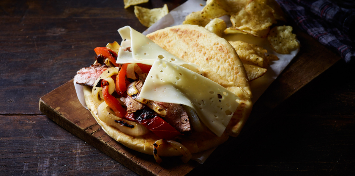 Skirt Steak, Onion & Swiss Pita Wraps