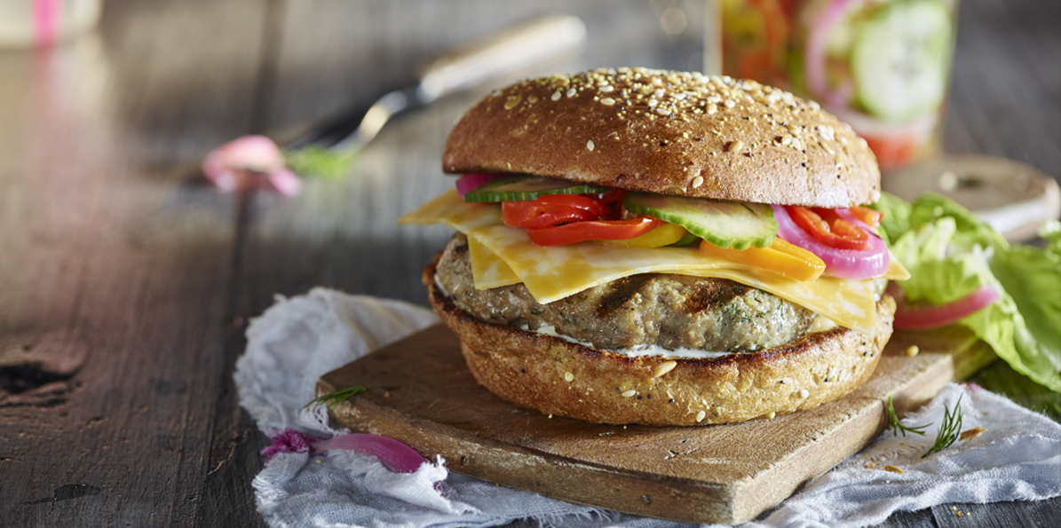 Turkey Cheeseburgers With Pickled Peppers, Onions & Cucumbers 