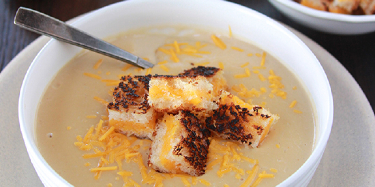 Roasted Cauliflower Cheese Soup with Grilled Cheese Croutons